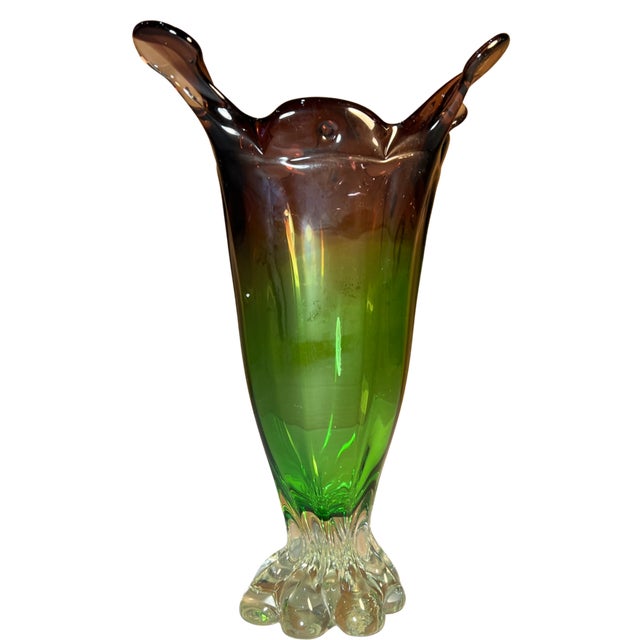 Mid-Century Murano Art Glass Purple 4 Point and Green Vase For Sale - Image 11 of 18