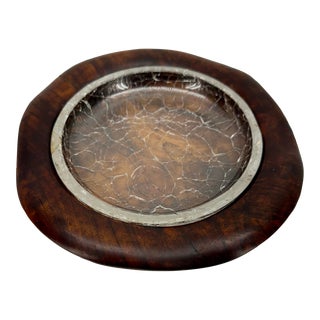 Vintage Spanish Cigar Ashtray in Wood and Crackle Glass For Sale