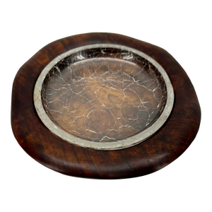Vintage Spanish Cigar Ashtray in Wood and Crackle Glass