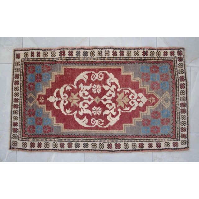 Distressed Low Pile Turkish Yastik Petite Rug Hand Knotted Faded Mat - 24″ X 41″ For Sale - Image 10 of 12