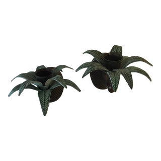 Vintage Pair of Brass Palm Tree Leaves Candle Holder Wall Sconces Palm Beach For Sale