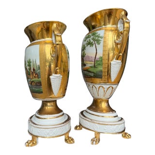 Empire-Style Gilt Porcelain Landscape Vases With Paw Feet — Set of Two For Sale