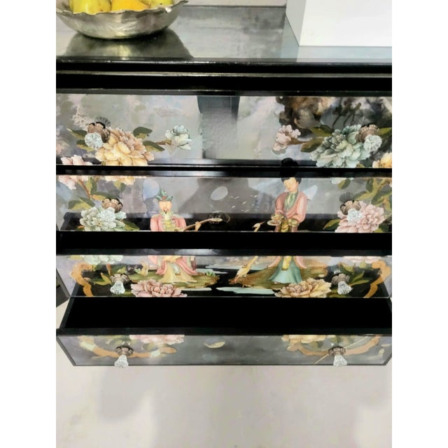 Rare Vintage Oversized Chinoiserie Emperor Verre Eglomise Black Mirrored Brass Painted 4 Drawer Chests Commodes- A Pair For Sale - Image 11 of 18