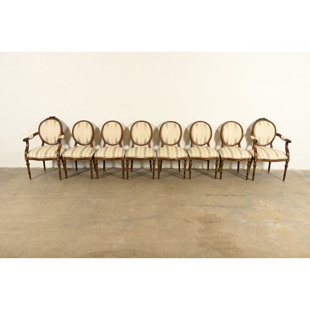 French Karges Style French Regency Louis XVI Carved Mahogany and Gold Gilt Dining Chairs, Set of Eight For Sale - Image 3 of 14