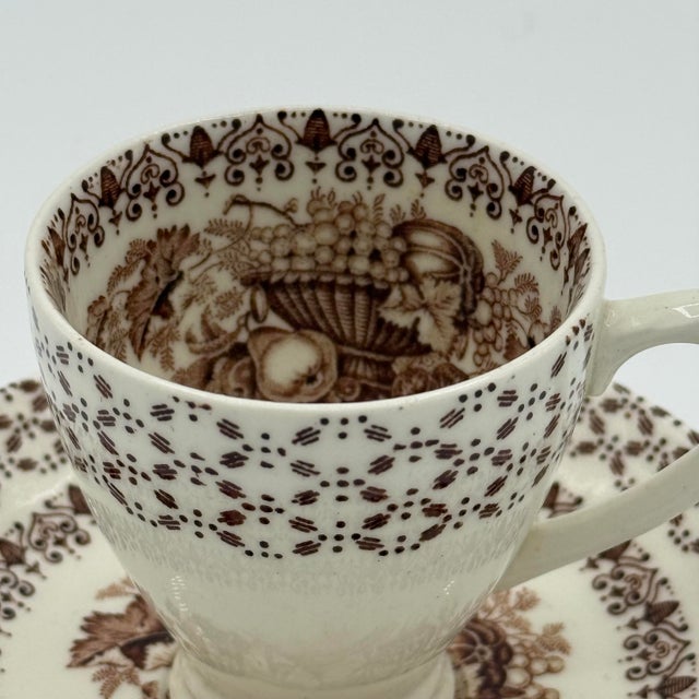 Traditional Vintage Empire England “Beverley” Brown Transferware Cup & Saucer With Interior Fruit Motif For Sale - Image 3 of 9