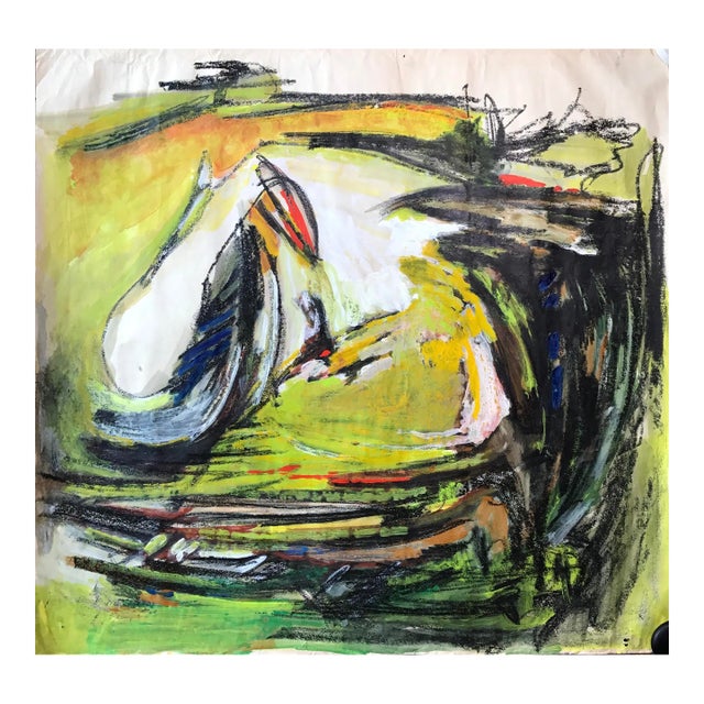 Mid Century "Yellow and Black Abstract" Mixed Media For Sale