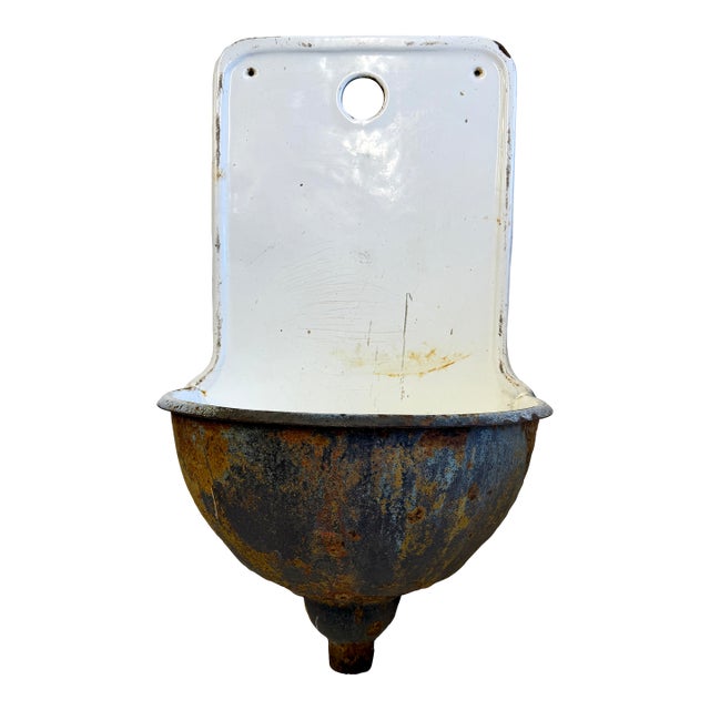 Antique French Enamel and Cast Iron Lavabo Wall Sink Planter For Sale