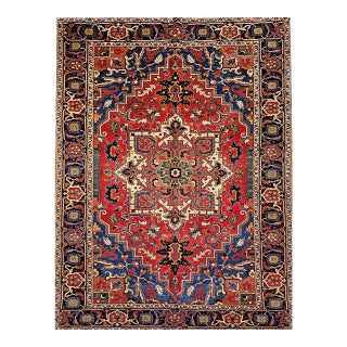 Vintage Persian Heriz Serapi Rug, Hand-Knotted Wool, Geometric Pattern, Red & Navy, 6x9 For Sale
