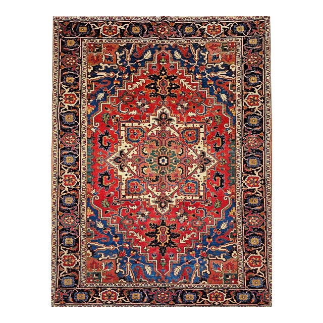 Vintage Persian Heriz Serapi Rug, Hand-Knotted Wool, Geometric Pattern, Red & Navy, 6x9 For Sale