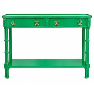 Hollywood Regency Bamboo-Style Console Table With Brass Ring Pulls For Sale
