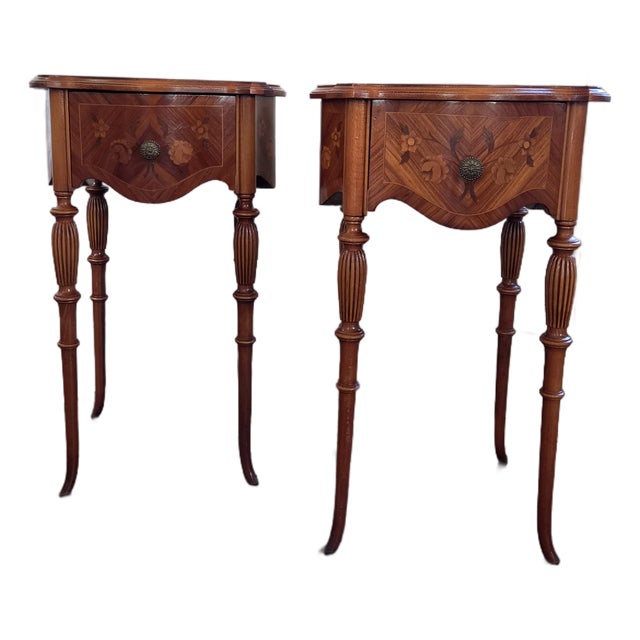 Vintage French-Style Floral Marquetry Nightstands With Turned Legs — A Pair For Sale