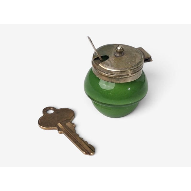 Art Deco Art Deco, Snuff or Cocaine Lidded Pot, Green Art Glass, Sterling Silver, 1930s For Sale - Image 3 of 7