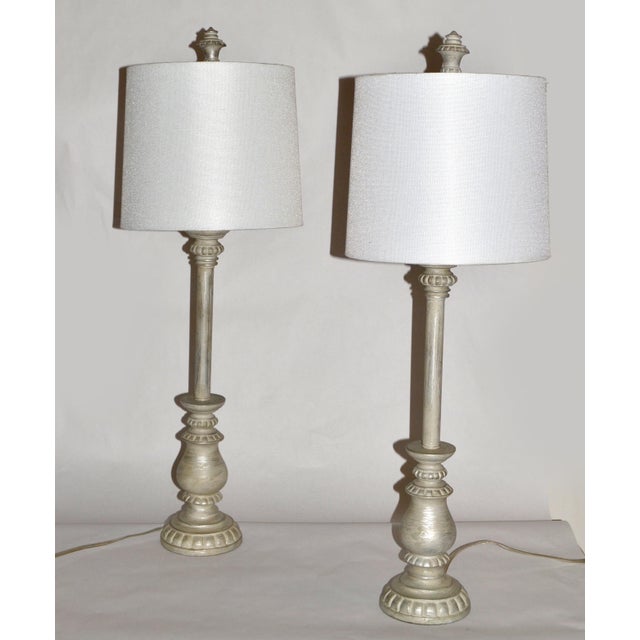 Mid Century Modern Silver Florentine Italian Painted Candlestick Lamps With Linen Shades - a Pair For Sale - Image 15 of 15