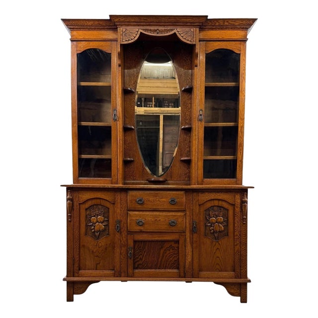 Early 20th Century English Art Nouveau Oak Dresser with Bevelled Mirror For Sale