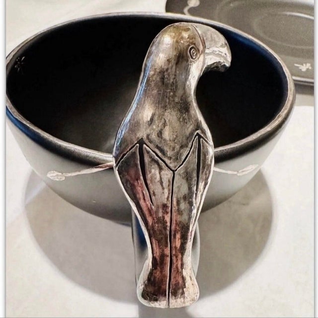 Black Vintage 1990s Emilia Castillo Mexican Silver Ceramic Toucan Cups Saucers Sets - Set of 6 For Sale - Image 8 of 10
