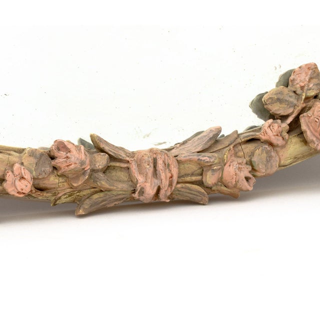 Floral Motif Painted Carved Wood Circular Mirror For Sale In New York - Image 6 of 7