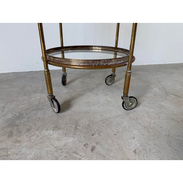 1960s 1970’s Maison Jansen Style Italian Hollywood Regency Brass & Glass Three-Tier Rolling Bar Cart With Removable Trays For Sale - Image 5 of 12