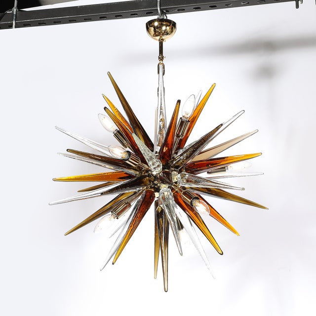 Metal Modernist Mixed Hand-Blown Murano Glass Spike Form Sputnik Chandelier W/ Brass For Sale - Image 7 of 18