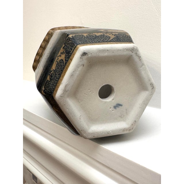 Vintage Chinoiserie Landscape Scene Glazed Ceramic Hexagon Vase, Taupe & Black For Sale - Image 12 of 12