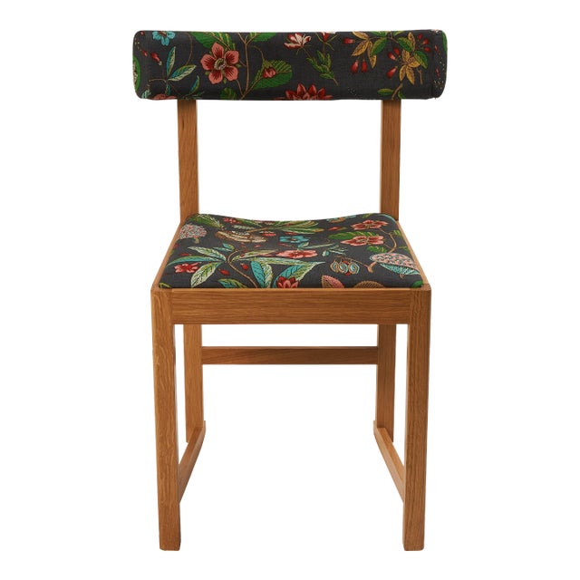 Mokki Dining Chair, Natural Matte Stain, Upholstered in Roca Redonda Schumacher Performance Fabric For Sale