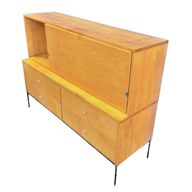 Vintage Mid-Century Modern secretary desk with chest of drawers below in the manner of Paul McCobb. Desk is in two pieces,...