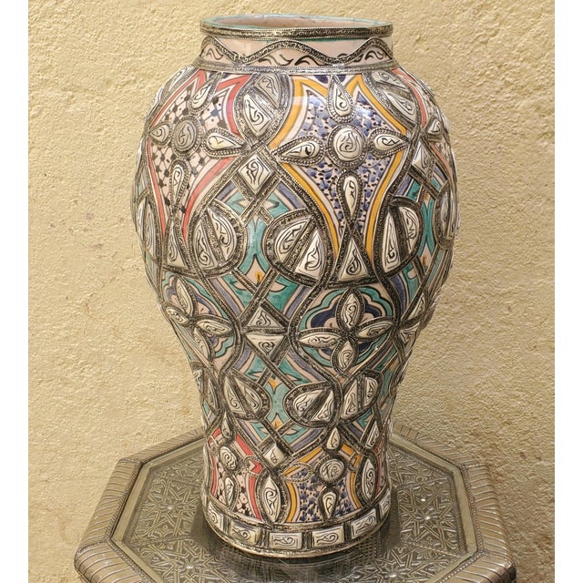 2000 - 2009 Tall Hand Painted Moroccan Resin and Metal Inlay Vase / Urn For Sale - Image 5 of 6