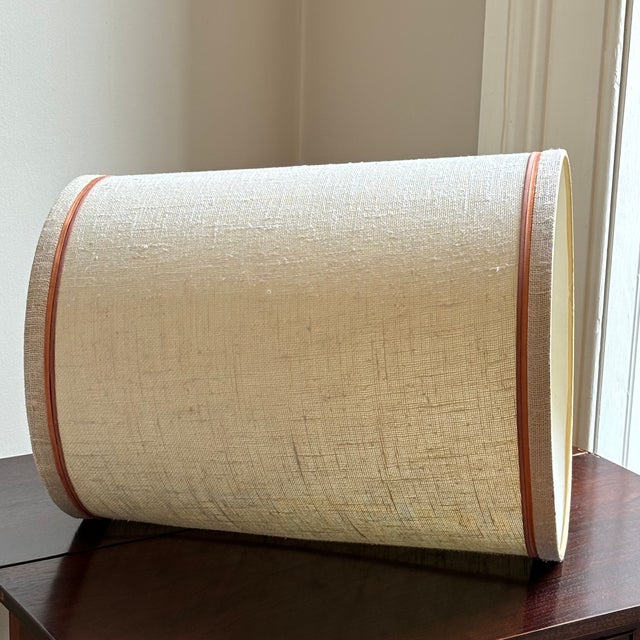 Ivory Large Mid-20th Century Drum Shade W/ Peach & Salmon Decorative Trim For Sale - Image 8 of 16
