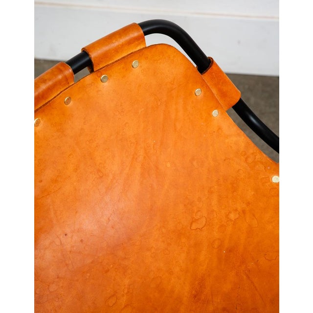 1960s Mid Century Modern Bar Stools Set 3 Cognac Tan Leather Charlotte Perriand Arcs For Sale - Image 12 of 12