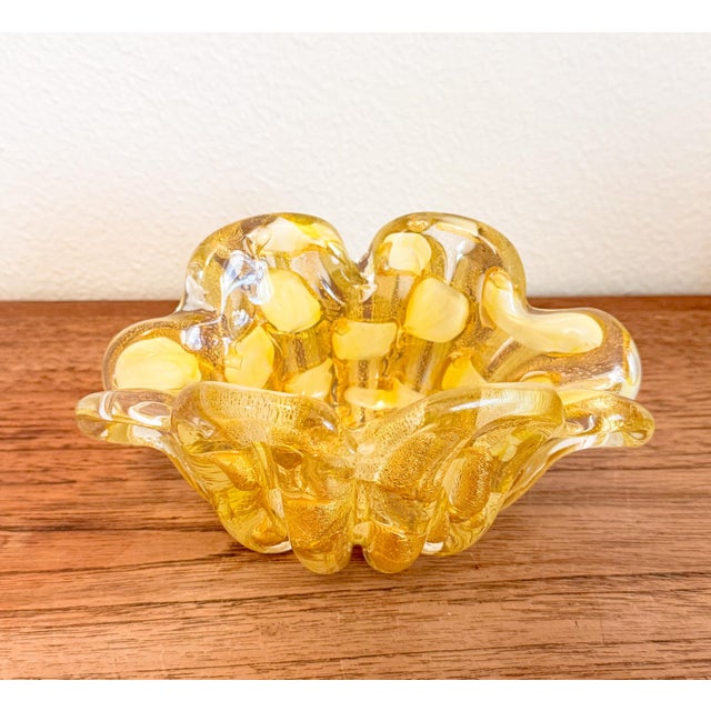 1950s Barovier & Toso Murano Yellow Spots Gold Flecks Italian Art Glass Flower Form Bowl For Sale - Image 14 of 16