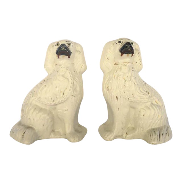 19th Century English Staffordshire Spaniels Dogs White Gilt Highlights Collar - A Pair For Sale