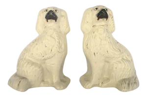 19th Century English Staffordshire Spaniels Dogs White Gilt Highlights Collar - A Pair