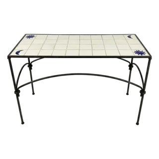 Vintage Mid-Century Modern Italian Wrought Iron and Majolica Tile Coffee Table – Celestial Sun & Moon For Sale