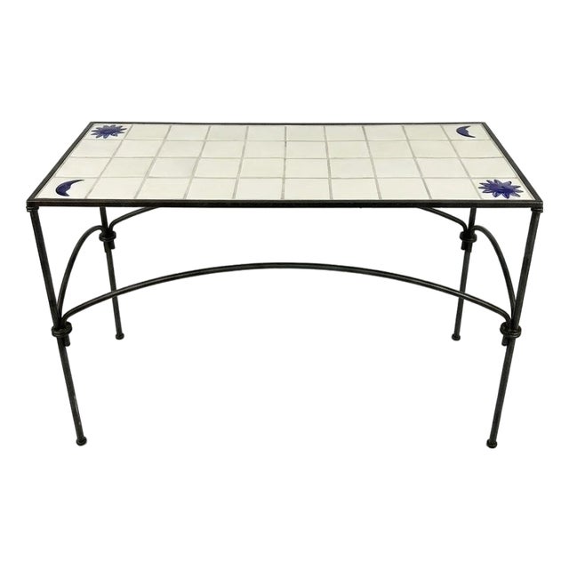 Vintage Mid-Century Modern Italian Wrought Iron and Majolica Tile Coffee Table – Celestial Sun & Moon For Sale