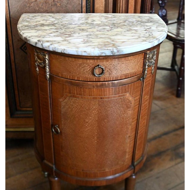 Louis XVI Marble Top Half-Moon Console Cabinets, Set of 2 For Sale - Image 4 of 6