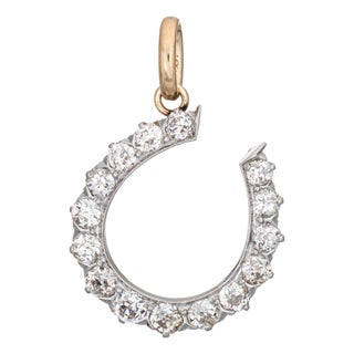Antique Victorian 2ct Diamond Horseshoe Pendant 14k Gold Platinum Old Mine For Sale