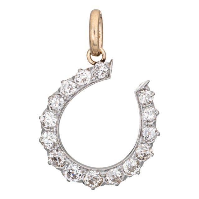 Antique Victorian 2ct Diamond Horseshoe Pendant 14k Gold Platinum Old Mine For Sale