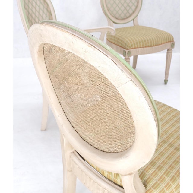 Wood Set of 7 Swedish White Wash Paint Decorated Oval Cane Backs Dining Chairs NICE! For Sale - Image 7 of 11