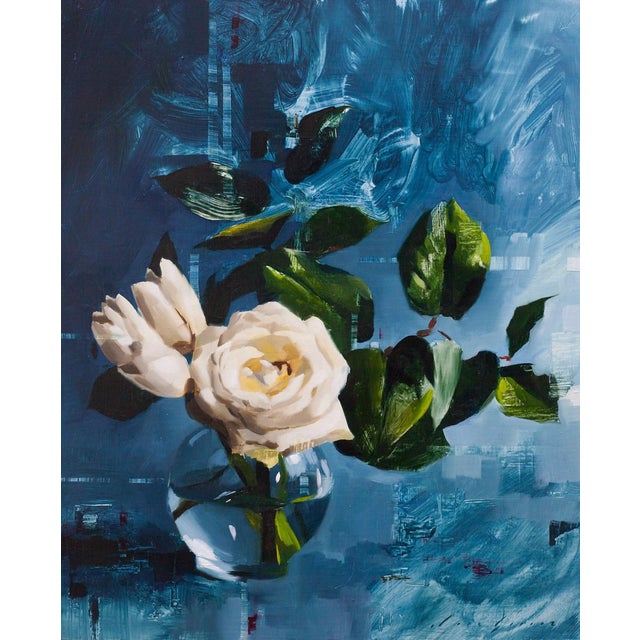 This oil on panel artwork features a delicate arrangement of tulips and a rose set against a vibrant blue background. The...