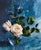 This oil on panel artwork features a delicate arrangement of tulips and a rose set against a vibrant blue background. The...