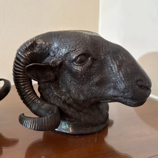 Hollywood Regency Vintage Bronze Ram Sculptures ~ a Pair For Sale - Image 3 of 9
