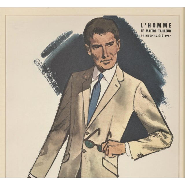 This is a matted mid-century men’s fashion plate from a 1967 French portfolio, L'Homme. It speaks to the James Bond...