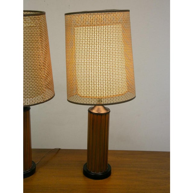 1960s Mid Century Modern Lamp Set Table Light Lighting Gruvwood Walnut Cane Shade Pair For Sale - Image 9 of 11