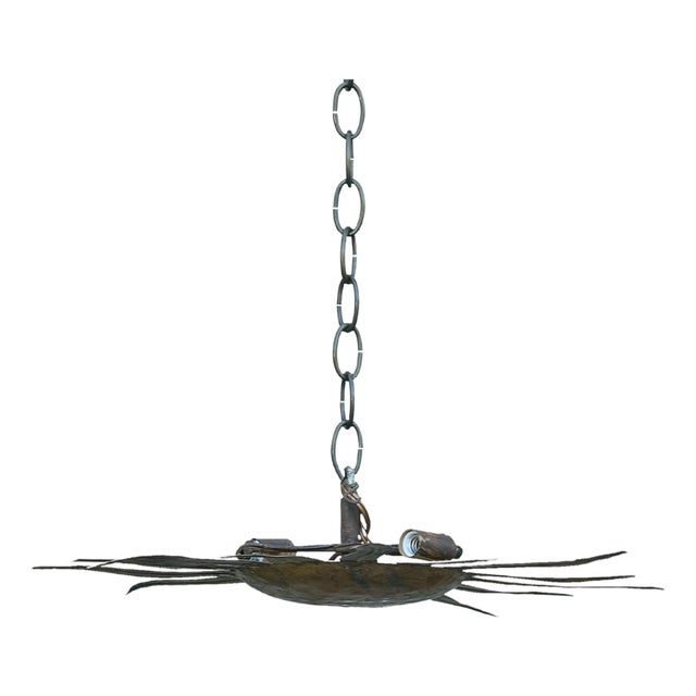 Mid 20th Century Spanish Midcentury Gilt Metal Sunburst Light Fixture with Wavy Rays For Sale