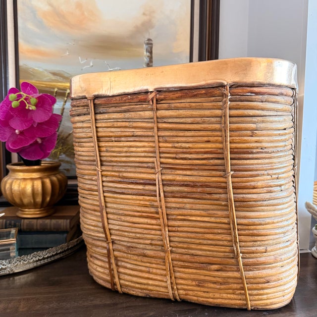 Oversized Gabriella Crespi Style Brass Trim Rattan Storage Basket For Sale - Image 9 of 9