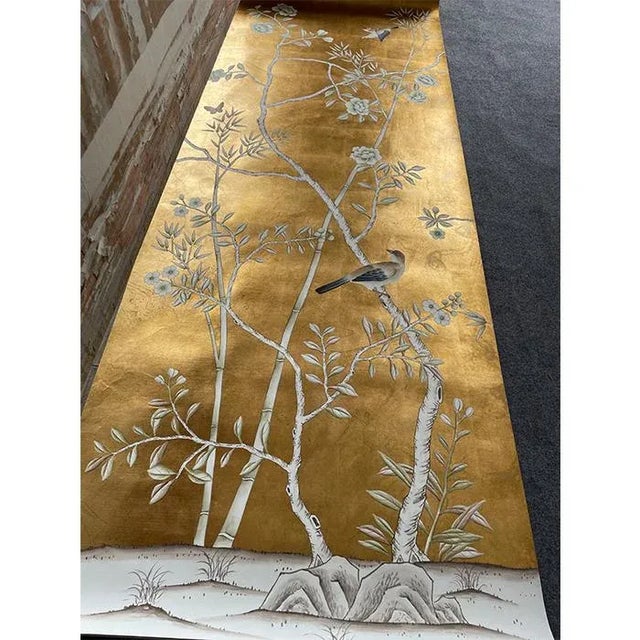 Chinoiserie Chinoiserie Hand Painted Bamboo Floral Wallpaper Panel Murals on Gold Metallic 3ft X 8ft /Panel - 2 Panels For Sale - Image 3 of 7