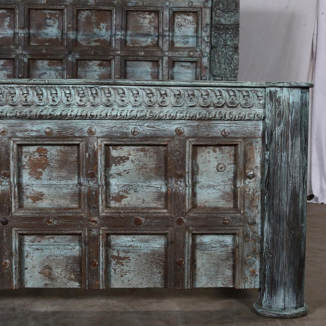 Complete King Size Bed Constructed From an Antique Painted Teakwood Rajasthani Door and Pillars For Sale - Image 4 of 9