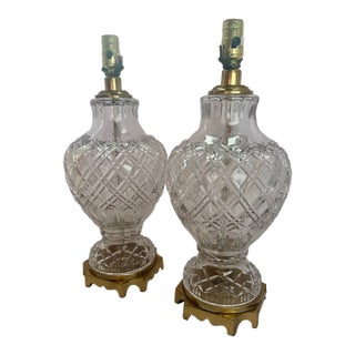 Vintage Neoclassical Diamond-Pattern Glass Urn Table Lamps - Pair For Sale
