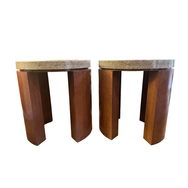 Contemporary Pair of Sculptured Mahogany Side Tables With Thick Granite Top, Signed by Artist For Sale - Image 3 of 10
