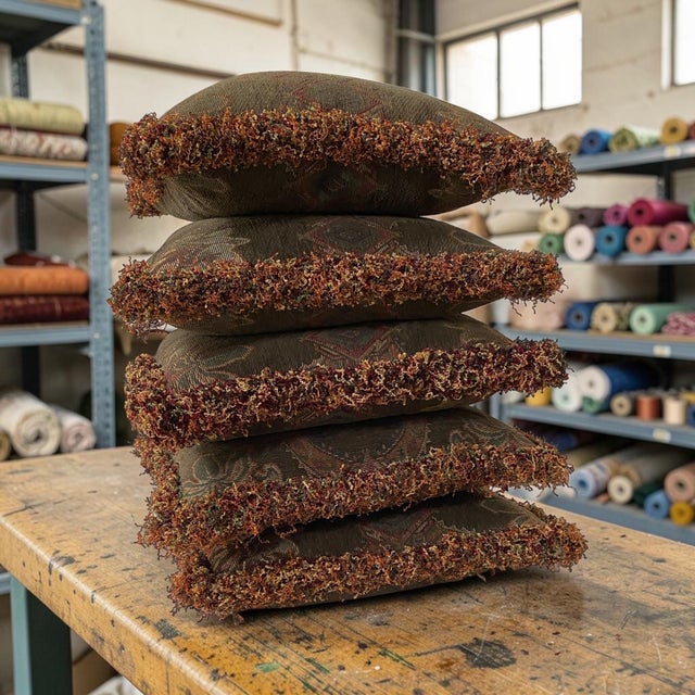 Rustic Set of 5, Tapestry Pillows With Moss Fringe For Sale - Image 3 of 6