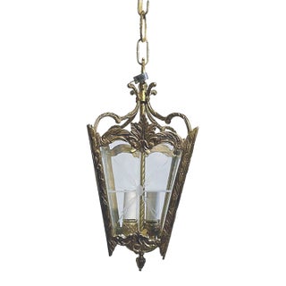 Vintage Bronze Lantern With Etched Glass Panels For Sale